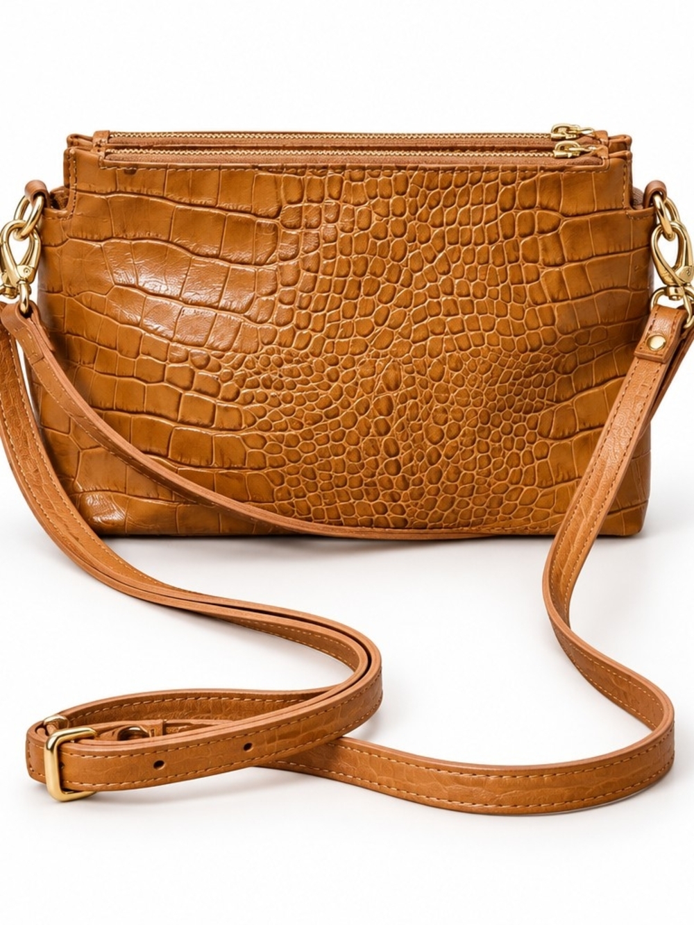 Valentina Tan Croc-Embossed Leather Crossbody Bag -